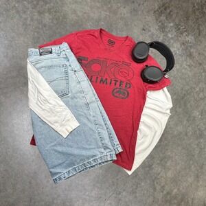 Ecko Unltd Mens Red Graphic V-Neck T-Shirt Y2K Streetwear Rhino Logo Size M